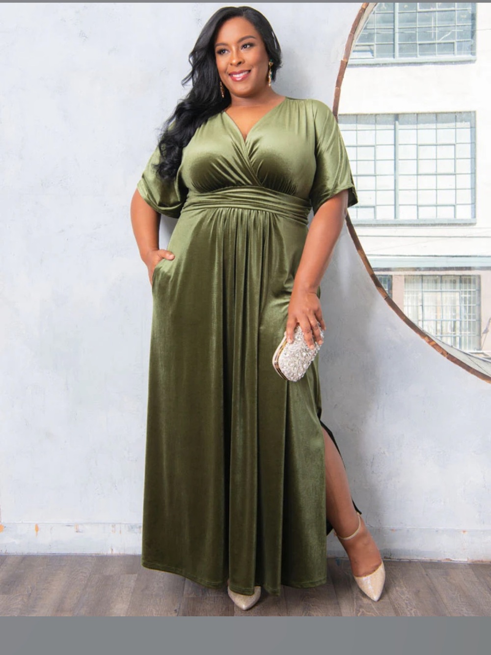 Kiyonna Verona Velvet dress in Olive Green plus size women’s 1X (14-16)